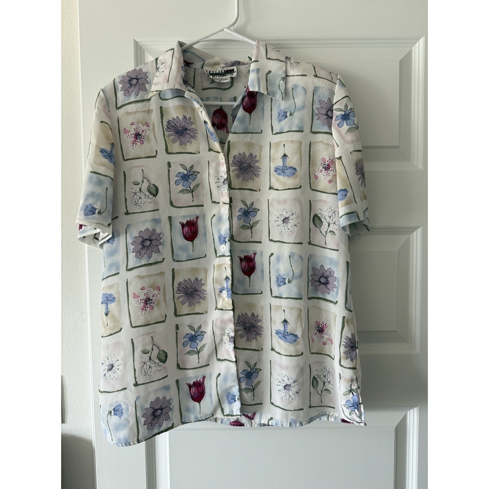Leslie Fay Haberdashery Women Size 12 Blouse Floral Short Sleeve Button Up